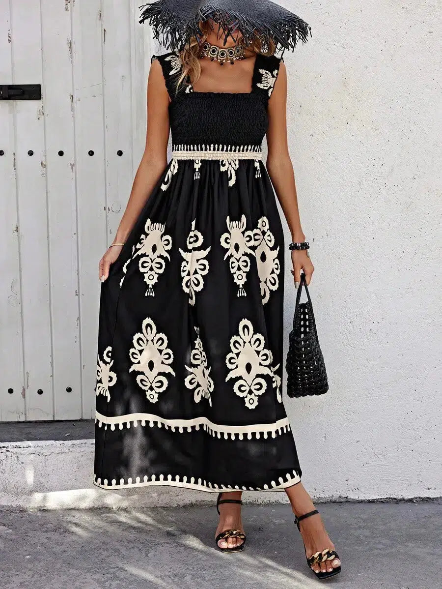 Valentina - Chic Square Neck Sleeveless Printed Beach Dress