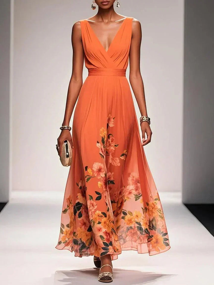 Rose | Light Blue Floral Chiffon V-Neck Maxi Dress