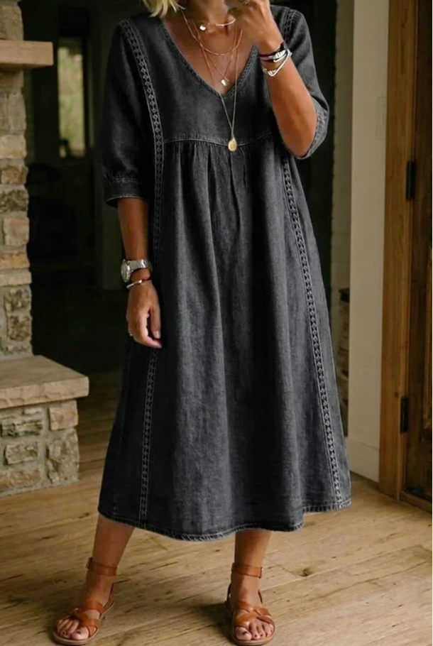 Melissa | Round Neck Long Sleeve Denim Dress
