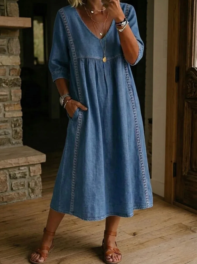Melissa | Round Neck Long Sleeve Denim Dress