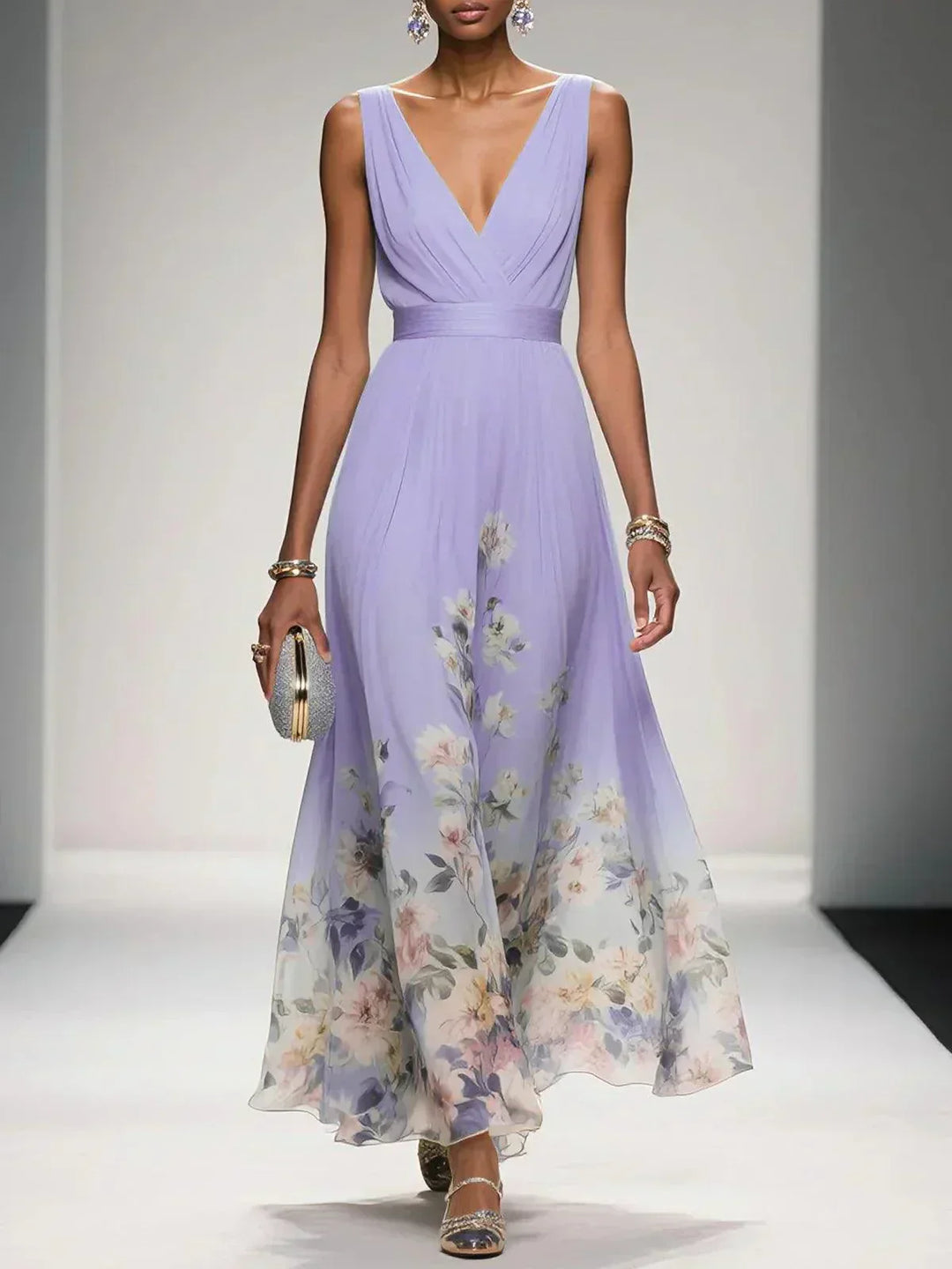Rose | Light Blue Floral Chiffon V-Neck Maxi Dress