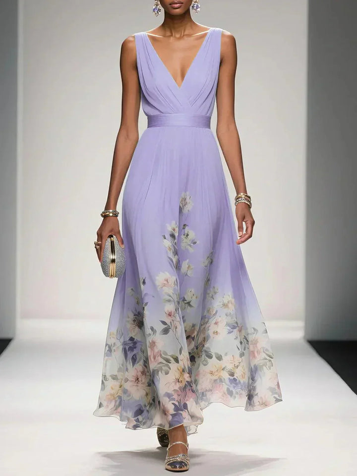 Rose | Light Blue Floral Chiffon V-Neck Maxi Dress
