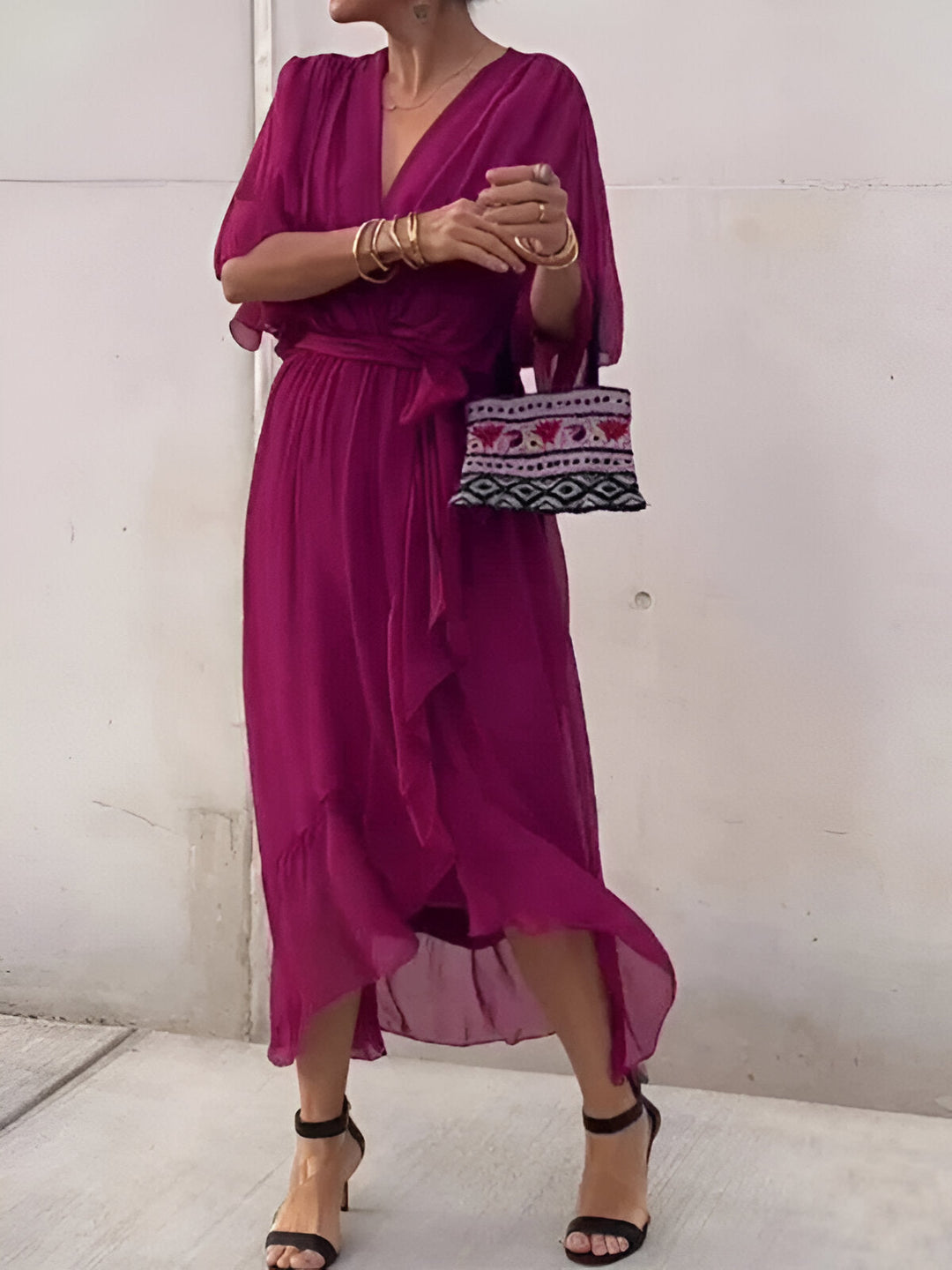 Margery™ | Elegant V-Neck Chiffon Midi Dress