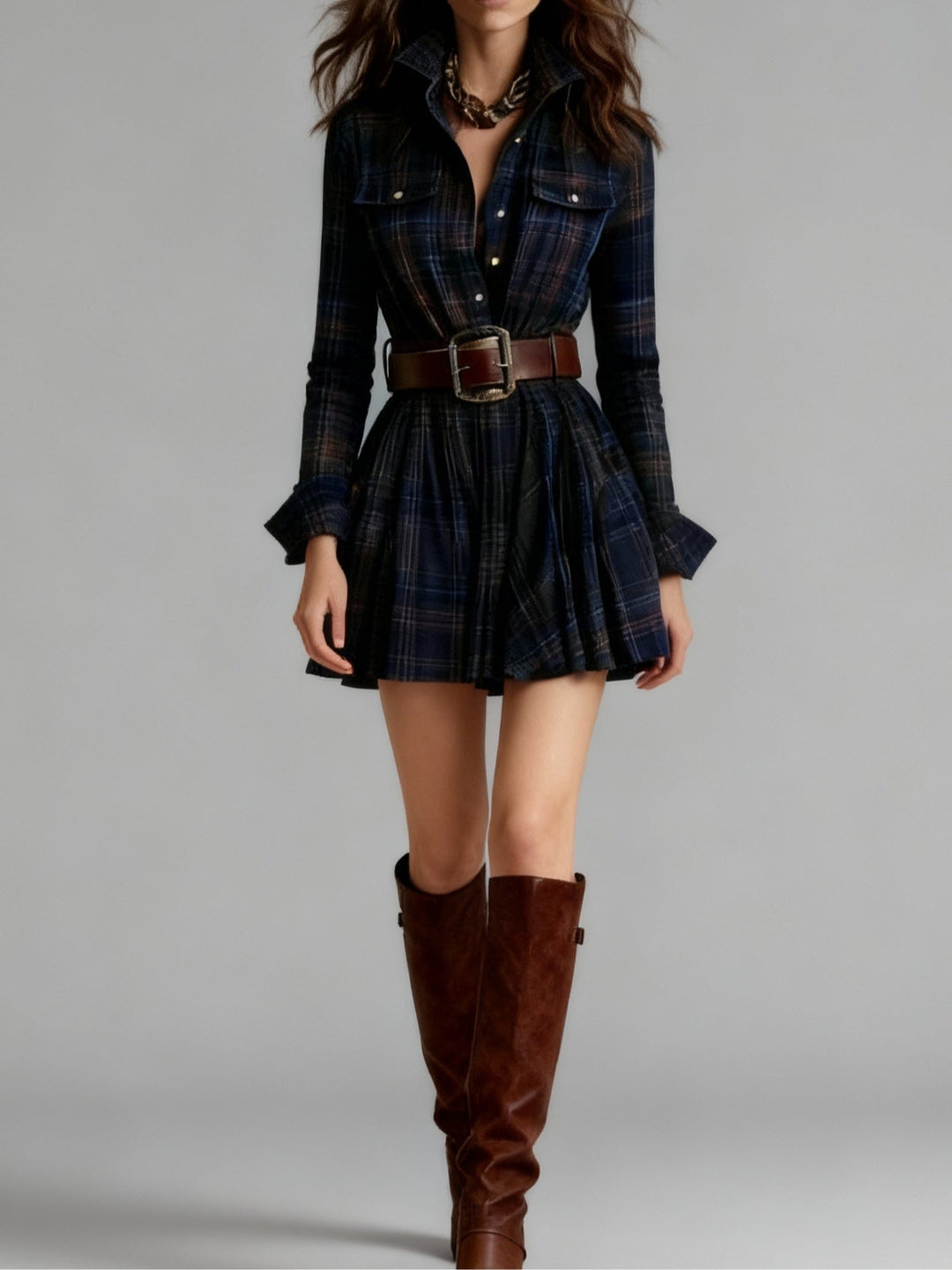 Vintage Red and Brown Checked Mini Dress (Includes Belt)