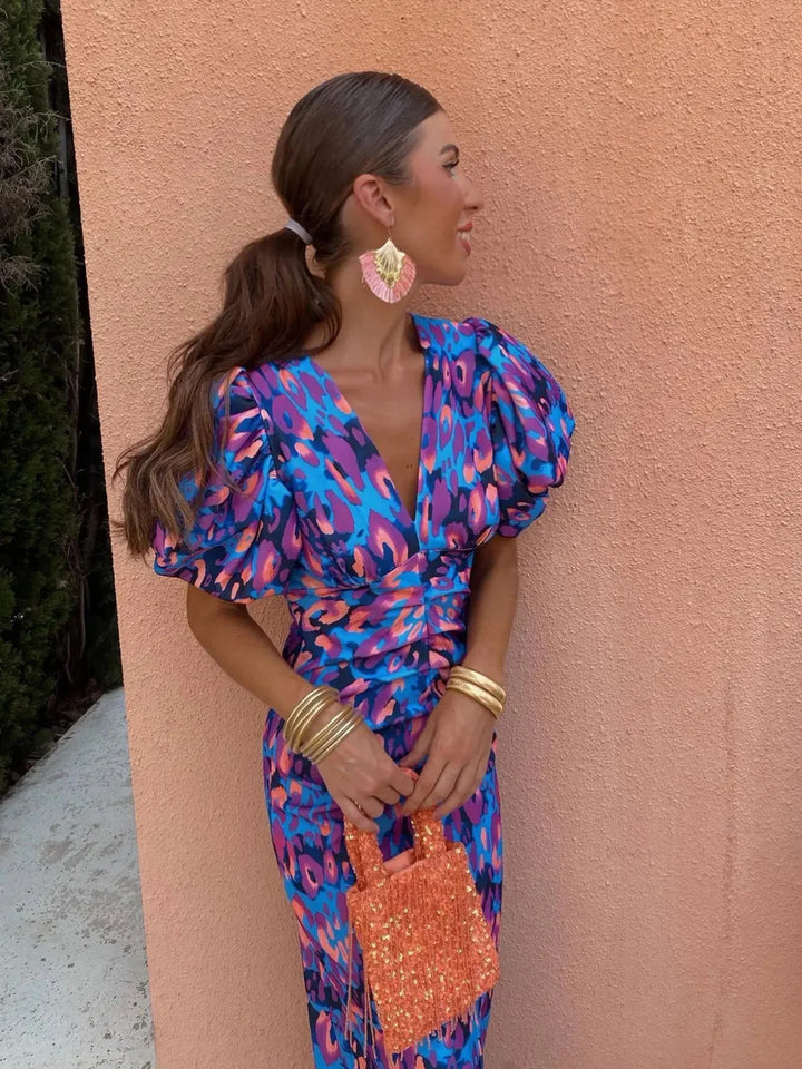 ROSALIND | COLOURFUL MIDI DRESS WITH PLEATED SLEEVES
