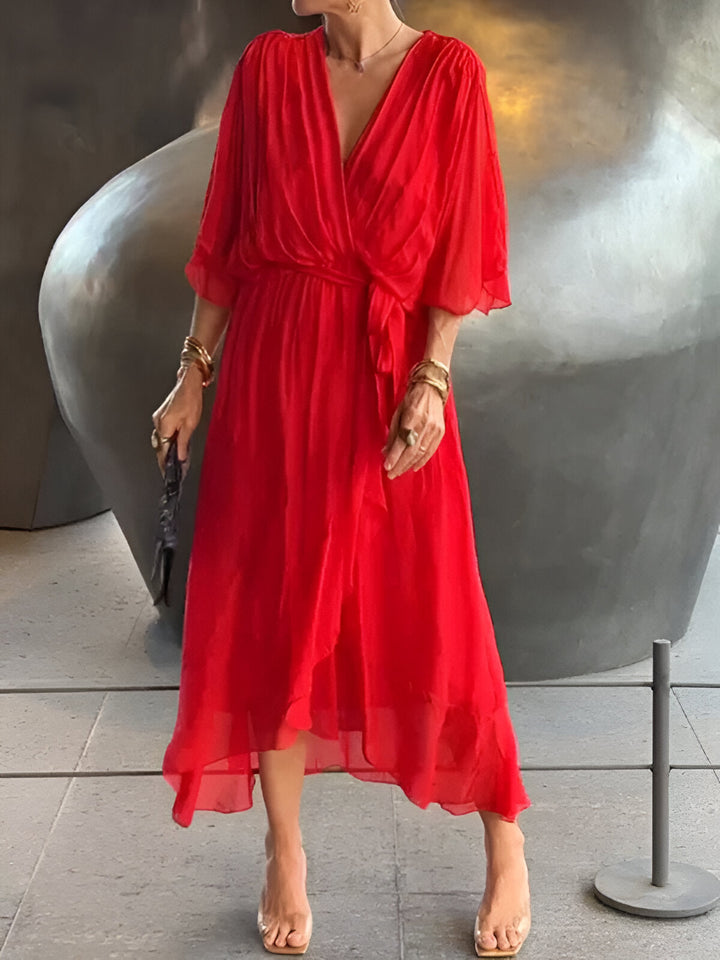 Margery™ | Elegant V-Neck Chiffon Midi Dress