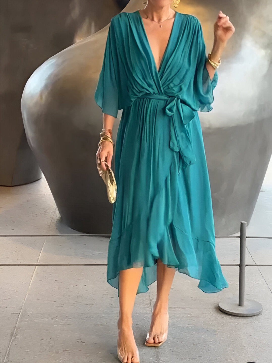 Margery™ | Elegant V-Neck Chiffon Midi Dress